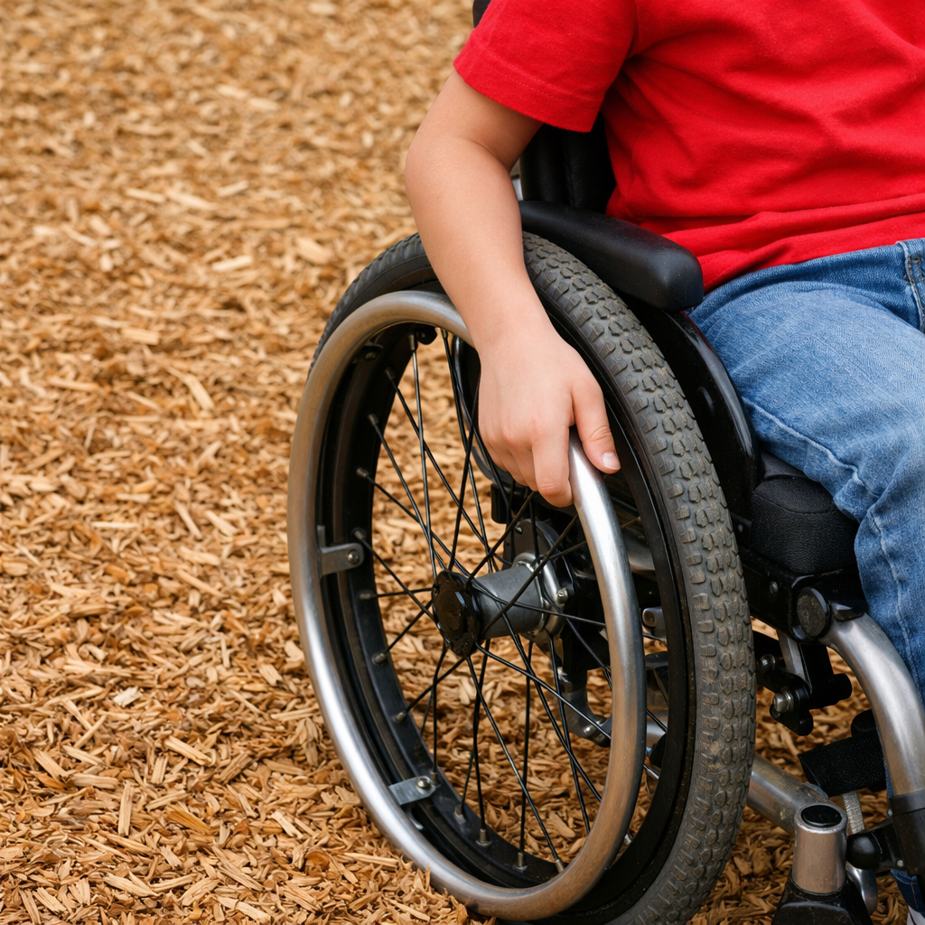 Child in Wheelchair on Wood Fiber Playground