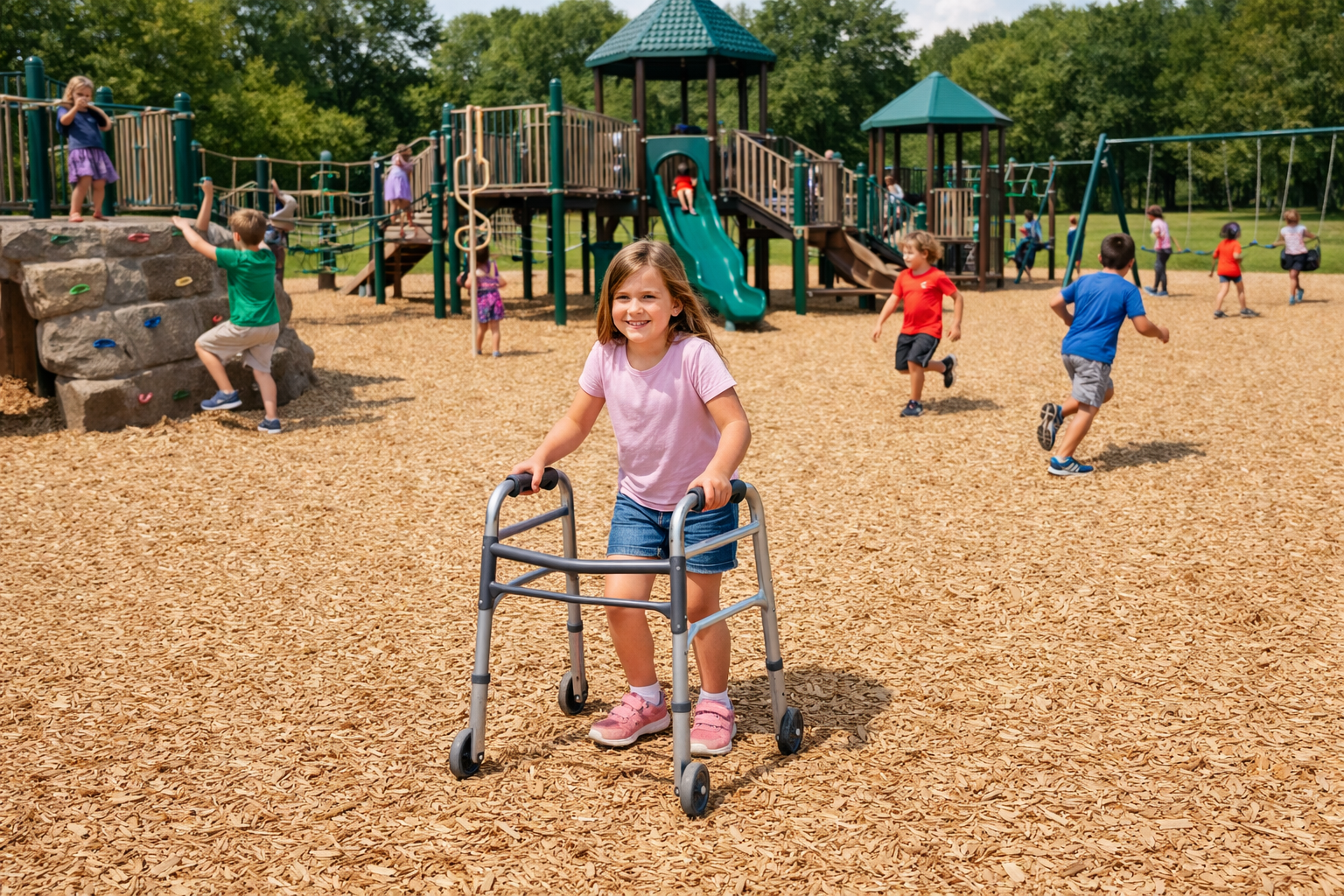 Girl on Engineered Wood Fiber Playground with Children Playing in Background