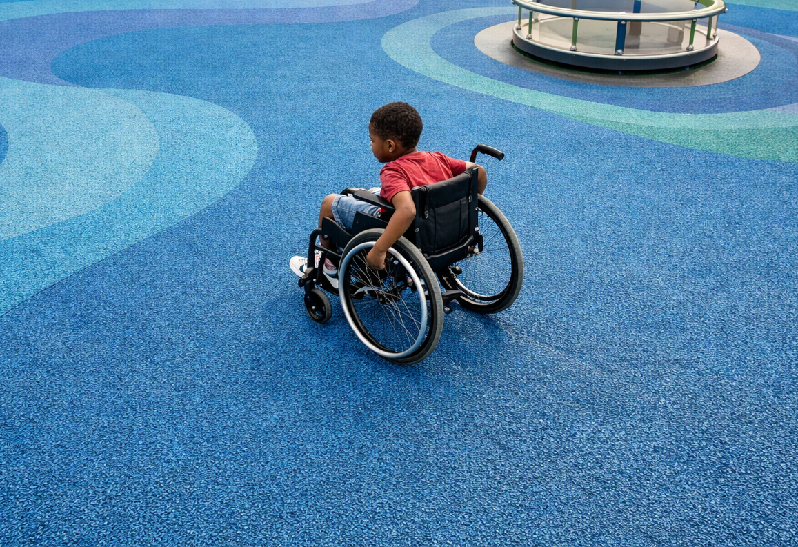 Child in Wheelchair on Blue Playground Surface