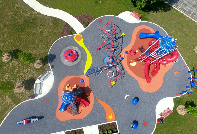 aerial shot of poured in place surfacing used on a playground